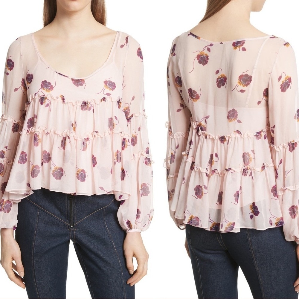 Cinq a Sept Tumbling Jasmine Silk Tiered Floral Blouse Pink S